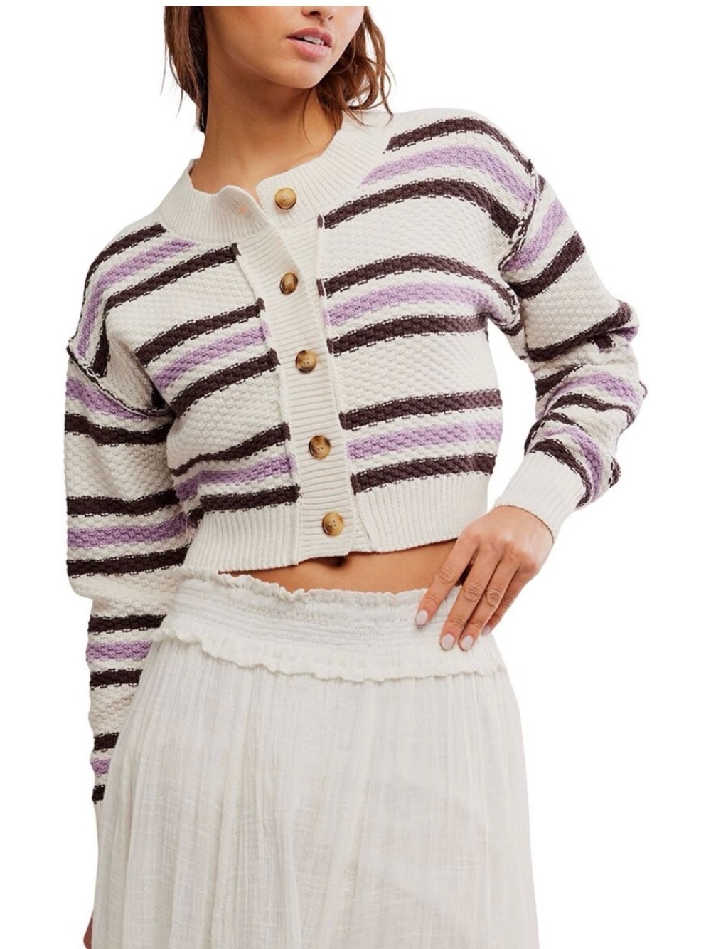 Free people Lila Stripe Cardigan cream purple brown stripe knit Size L cozy